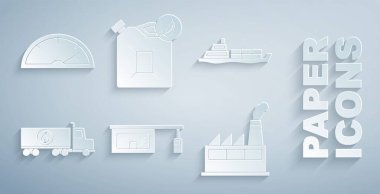 Benzin istasyonunu, petrol tankeri gemisini, tanker kamyonunu, endüstriyel fabrika binasını, biyo yakıt kutusunu ve hız göstergesini ayarlayın. Vektör