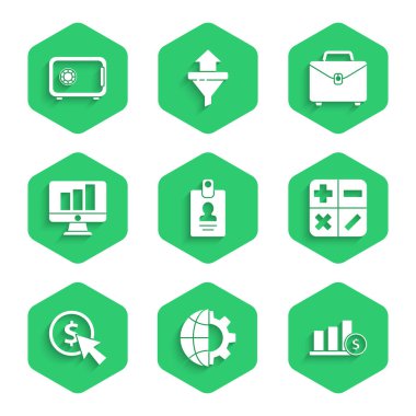 Kimlik kartı, Dünya Küresi ve teçhizat, turta grafiksel dolar, hesap makinesi, imleç madeni para, monitör, evrak çantası ve güvenli simge. Vektör