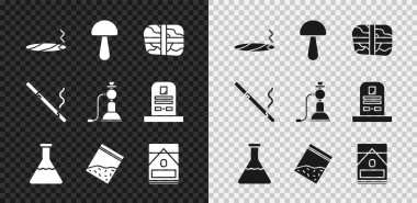 Sigarayı dumanla, Psilocybin mantarı, Paket kokaini, test tüpü ve matarası, plastik uyuşturucu torbası, sigara paketi ve nargile ile hazırla. Vektör