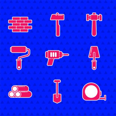 Elektrikli matkap, kürek, rulet, mala, endüstriyel metalik boru, boya fırçası, çekiç ve tuğla ikonu. Vektör