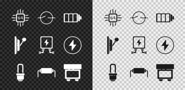 İşlemciyi mikro devre işlemcisi, elektrik şeması, pil şarj seviyesi göstergesi, LED ampul, rezistör elektriği, fitil, elektrik paneli ve trafo simgesi ile ayarla. Vektör