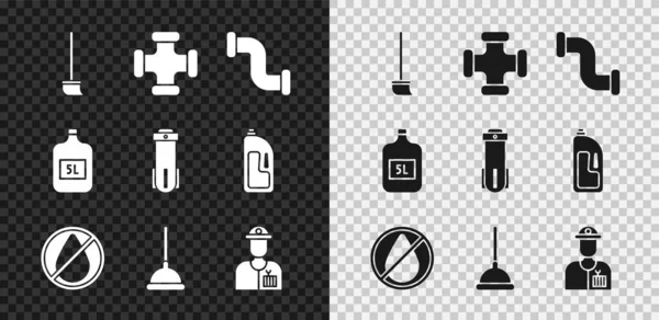 Set Mopp, Industrie-Metallrohr, Wassertropfen verboten, Gummikolben, Klempner, große Flasche mit sauberem Wasser und Filter-Symbol. Vektor — Stockvektor
