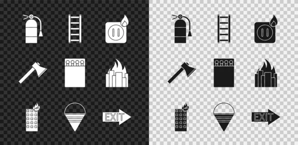 Set Fire extinguisher, escape, Electric wiring of socket fire, burning building, cone bucket, exit, Firefighter axe and Open matchbox and matches icon. Vector — Stock Vector