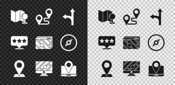 Set Opgevouwen kaart met push pin, Route locatie, Verkeersbord, Locatie, Monitor marker, Laptop, Map pointer ster en Infographic van de stad navigatie pictogram. Vector — Stockvector