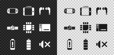 Taşınabilir video oyun konsolu, grafiksel tablet, hava kulaklığı, pil şarj seviyesi göstergesi, hoparlör sesi, Smartwatch ve işlemci ile mikro devre işlemci simgesini ayarlayın. Vektör