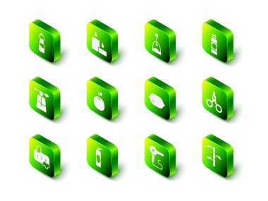 Yanan mum, çay poşeti, krem veya losyon kozmetik tüpü, makas, yapraklı bambu sapları, Lemon, saç kurutma makinesi ve saç spreyi ikonu için sprey kullanın. Vektör