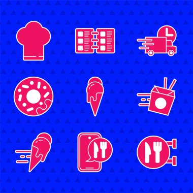 Dondurma, çevrimiçi sipariş ve teslimat, kafe restoranı mekanı, erişte, buz, çörek, araba ve aşçı şapkası ikonu. Vektör