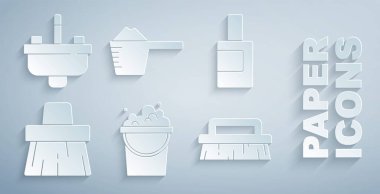 Kova sabun köpüğü, temizlik malzemesi için şişe süpürge, fırça, çamaşır tozu ve lavabo musluğu ikonu hazırla. Vektör