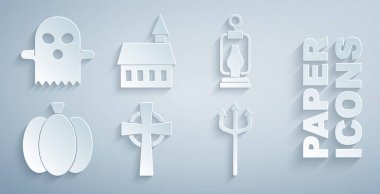 Tombstone 'u haç, kamp feneri, balkabağı, Neptune mızrağı, kale ve hayalet ikonu ile donatın. Vektör