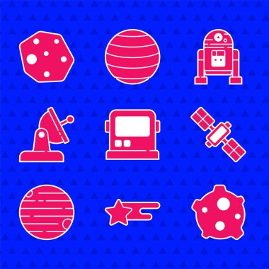 Astronot miğferi, düşen yıldız, asteroid, uydu, gezegen, tabak, robot ve ikon. Vektör