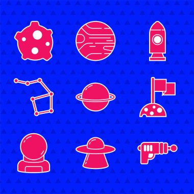 Satürn Gezegeni, UFO uçan uzay gemisi, ışın silahı, bayraklı Ay, Astronot miğferi, Büyük Ayı Takımyıldızı, Roket ve Asteroid ikonu. Vektör