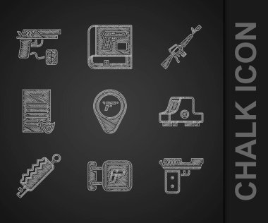 Yeri silah, av dükkanı, tabanca ya da silah, Collimator görüşü, Tuzak avı, Ateşli Silahlar ruhsatı, M16A1 tüfeği ve silah satın alma ikonu ile belirleyin. Vektör