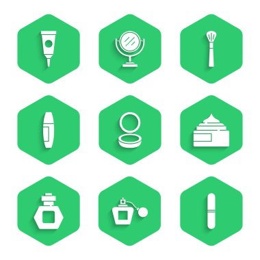 Makyaj tozunu ayna, parfüm, tırnak törpüsü, krem losyon kozmetik tüpü, Mascara fırçası ve ikon ile ayarla. Vektör