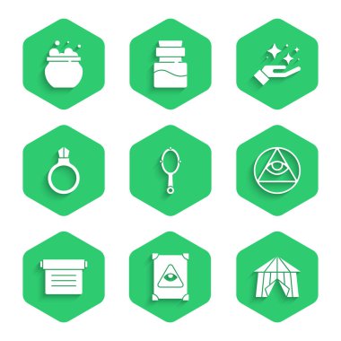 Sihirli el aynası, Antik büyü kitabı, sirk çadırı, masonlar, değerli taştan yüzük, pırıltılı yıldız numarası ve cadı kazanı ikonu. Vektör