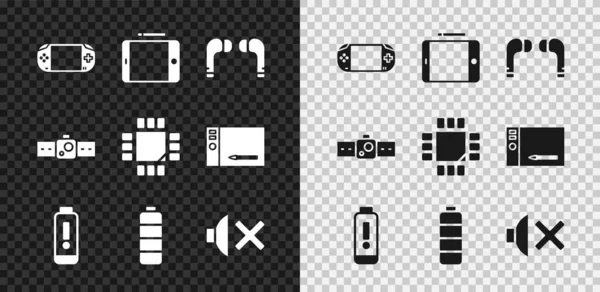 Taşınabilir video oyun konsolu, grafiksel tablet, hava kulaklığı, pil şarj seviyesi göstergesi, hoparlör sesi, Smartwatch ve işlemci ile mikro devre işlemci simgesini ayarlayın. Vektör