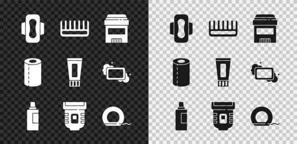 Set Sanitary napkin, Hairbrush, Antiperspirant deodorant roll, Bottle for cleaning agent, Epilator, Dental floss, Paper towel and Tube of toothpaste icon. Vector — Stock Vector