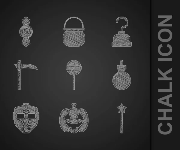 Set piruleta, calabaza, varita mágica, bomba lista para explotar, máscara de hockey, guadaña, gancho pirata e icono de caramelo. Vector — Vector de stock