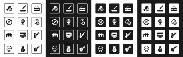 Set No GMO, Stop, Gmo Forschung Huhn, gentechnisch verändertes Fleisch, Pipette und Reagenzglas und Kolben-Symbol. Vektor — Stockvektor