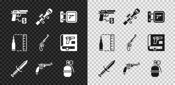 Set Pistola de compra, mira óptica de francotirador, arma de caza, cuchillo militar, revólver, granada de mano, bala e icono. Vector — Vector de stock