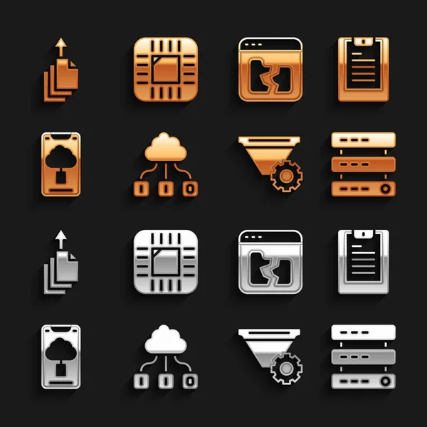 Установка передачи данных облачных технологий, сервер, отчет данных, данные, веб-хостинг, настройка фильтра, сломанный файл, экспорт и процессор с иконкой процессора. Вектор — стоковый вектор