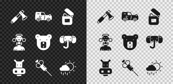 Set Holzbeil, Geländewagen, Feuerzeug, Nilpferd oder Nilpferd, Spritze, Wolke mit Regen, afrikanisches Stammesmännchen und Bärenkopf-Ikone. Vektor — Stockvektor