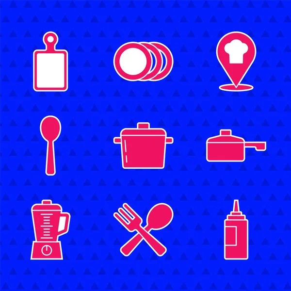 Σετ Μαγειρική κατσαρόλα, Σταυρωτό πιρούνι και κουτάλι, Σάλτσα μπουκάλι, τηγάνι τηγανίσματος, Blender, κουτάλι, Chef καπέλο με την τοποθεσία και κοπής εικονίδιο του σκάφους. Διάνυσμα — Διανυσματικό Αρχείο