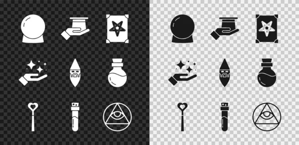 Set bola mágica, sombrero de mago en la mano, libro de magia antigua, varita, botella con poción, albañiles, truco de las estrellas de chispa y el icono del brujo mago. Vector — Vector de stock