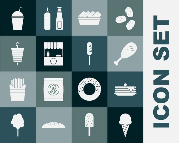 Set Ice cream in waffle cone, Stack of pancake, Chicken leg, nuggets box, Street stall with awning, Grilled shish kebab, Milkshake and Fried susage icon. Vektor Stok Ilustrasi 