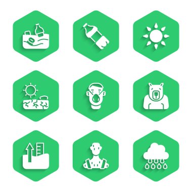 Face 'i koruyucu maskeye sokun, yüksek insan vücut ısısı, yağmurlu bulut, kutup ayısı başı, yükselen su seviyesi, kuraklık, güneş ve okyanus ikonunun sorun kirliliği. Vektör