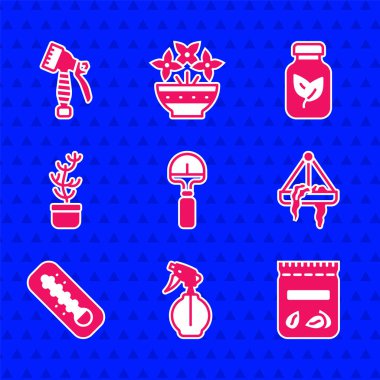 Kürek, su püskürtme şişesi, bitki tohumu dolu paket, asma kabına bitki, Meteoroloji termometresi, egzotik tropikal, gübre ve ikon. Vektör