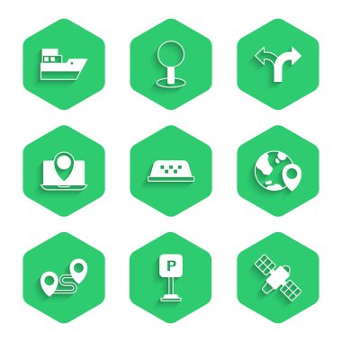 Taksi araç çatısını, otoparkı, uyduyu, dünyadaki konumu, güzergahı, işaretli dizüstü bilgisayarı, trafik işaretini ve gemi yolu ikonunu ayarla. Vektör