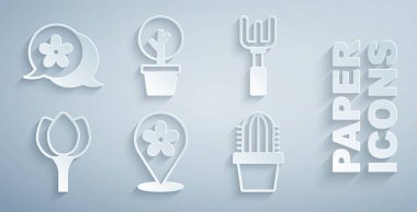 Yeri çiçek, bahçe tırmığı, çiçek lalesi, kaktüs kaktüsü ve ikon ile belirleyin. Vektör