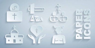 Dini haç, rahip, kilise binası, Krampus, İsa Mesih 'in çarmıha gerilmesi ve kilise ikonu için bağış. Vektör