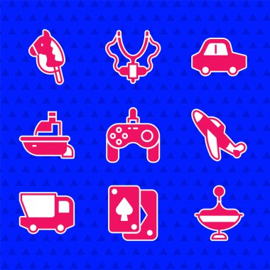 Oyun sahası, iskambil kâğıdı, Whirligig oyuncağı, oyuncak uçak, kamyon, tekne ve at ikonu. Vektör