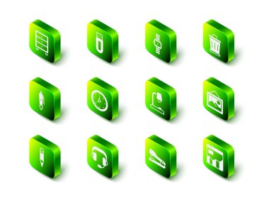 USB flaş bellek, bilek saati, çöp kutusu, resim manzarası, grafik grafik bilgisi, masa lambası, zımba ve kulaklık simgesi ayarla. Vektör