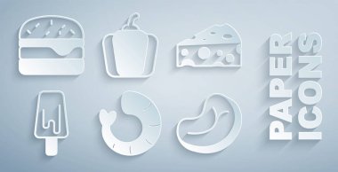 Set Karides, Peynir, Dondurma, Biftek, Biber ve Burger ikonu. Vektör