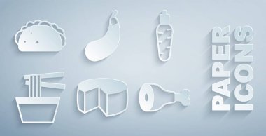 Peynir, havuç, Asya eriştesi, tavuk budu, patlıcan ve tortilla ikonlu taco. Vektör