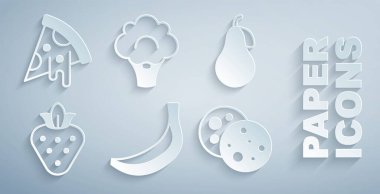 Muz, armut, çilek, çikolatalı kurabiye, brokoli ve pizza ikonu. Vektör