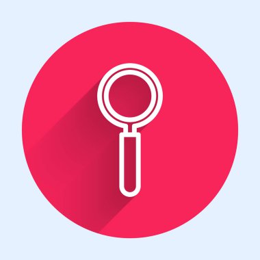 Beyaz çizgi büyüteç ikonu uzun gölgeli izole edilmiş. Arama, odaklanma, yakınlaştırma, iş sembolü. Kırmızı daire düğmesi. Vektör İllüstrasyonu