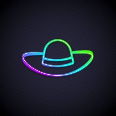 Parlak neon çizgisi, siyah arka planda izole edilmiş zarif kadın şapka ikonu. Vektör