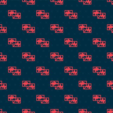 Kırmızı çizgi bilgisayar monitörü, kardiyogram simgesi ile siyah arkaplanda izole edilmiş kusursuz desen. Simge denetleniyor. Kalp atışı elle çizilmiş EKG monitörü. Vektör