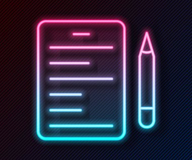 Parlayan neon çizgisi simgesi siyah arkaplanda izole edildi. Sanat projeleri, filmler, tiyatrolar için senaryo okuma konsepti. Vektör