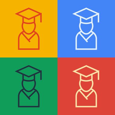 Pop Art Line Graduate ve mezuniyet şapkası ikonu renk arkaplanında izole edildi. Vektör