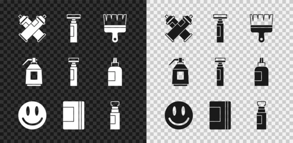 Boya spreyi, kalem, fırça, gülen yüz, sarmal defter, silah ve ikon. Vektör