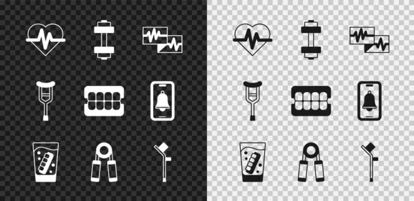 Set Frecuencia cardíaca, mancuerna, monitor con cardiograma, mandíbula falsa en vidrio, expansor deportivo, muletas de muleta e icono. Vector — Vector de stock