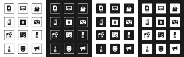 Conjunto de camisetas sin mangas, video en línea, medidor de luz, documento de archivo FLV, cámara fotográfica, grabadora de vídeo en el ordenador portátil, micrófono y el icono de película clapper. Vector — Vector de stock