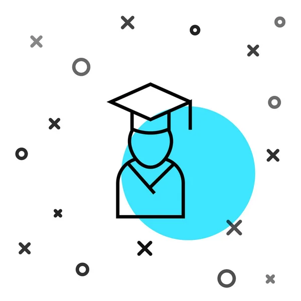 黑线毕业生和毕业帽图标孤立在白色背景.随机动态形状。B.病媒 — 图库矢量图片