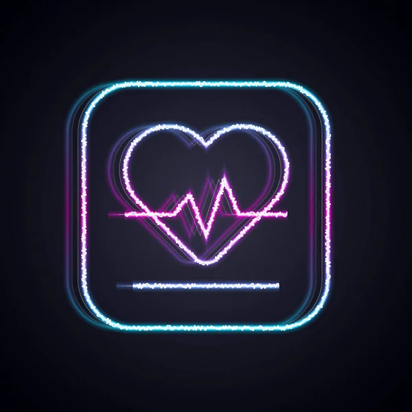 Leuchtende Leuchtschrift Herzfrequenzsymbol isoliert auf schwarzem Hintergrund. Herzschlagzeichen. Herzpuls-Symbol. Kardiogramm-Symbol. Vektor — Stockvektor