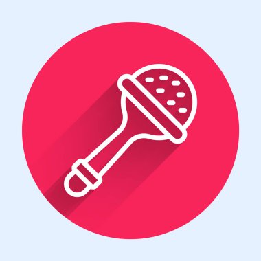 Beyaz çizgi Çıngıraklı Bebek oyuncağı ikonu uzun gölge arkaplan izole. Fasulye torbası işareti. Kırmızı daire düğmesi. Vektör