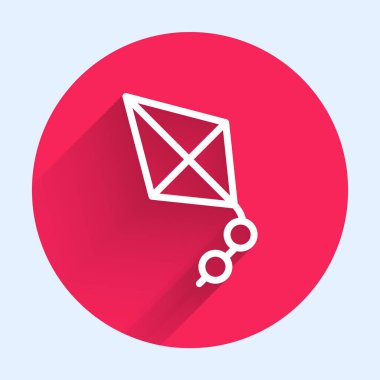 Beyaz çizgi Kite simgesi uzun gölge arkaplanı ile izole edildi. Kırmızı daire düğmesi. Vektör